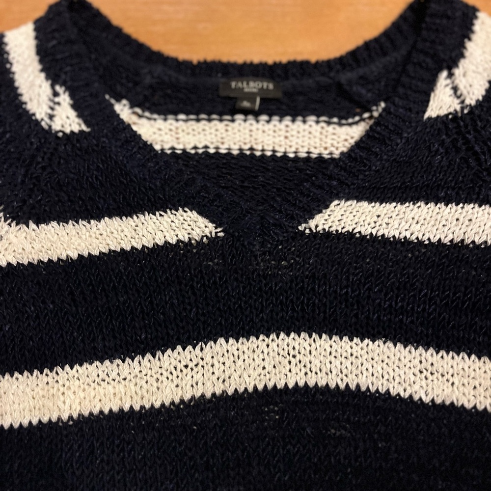 Talbots Navy White Stripe Tunic Sweater V-neck SP Preppy Coastal Grandma office - Picture 3 of 8